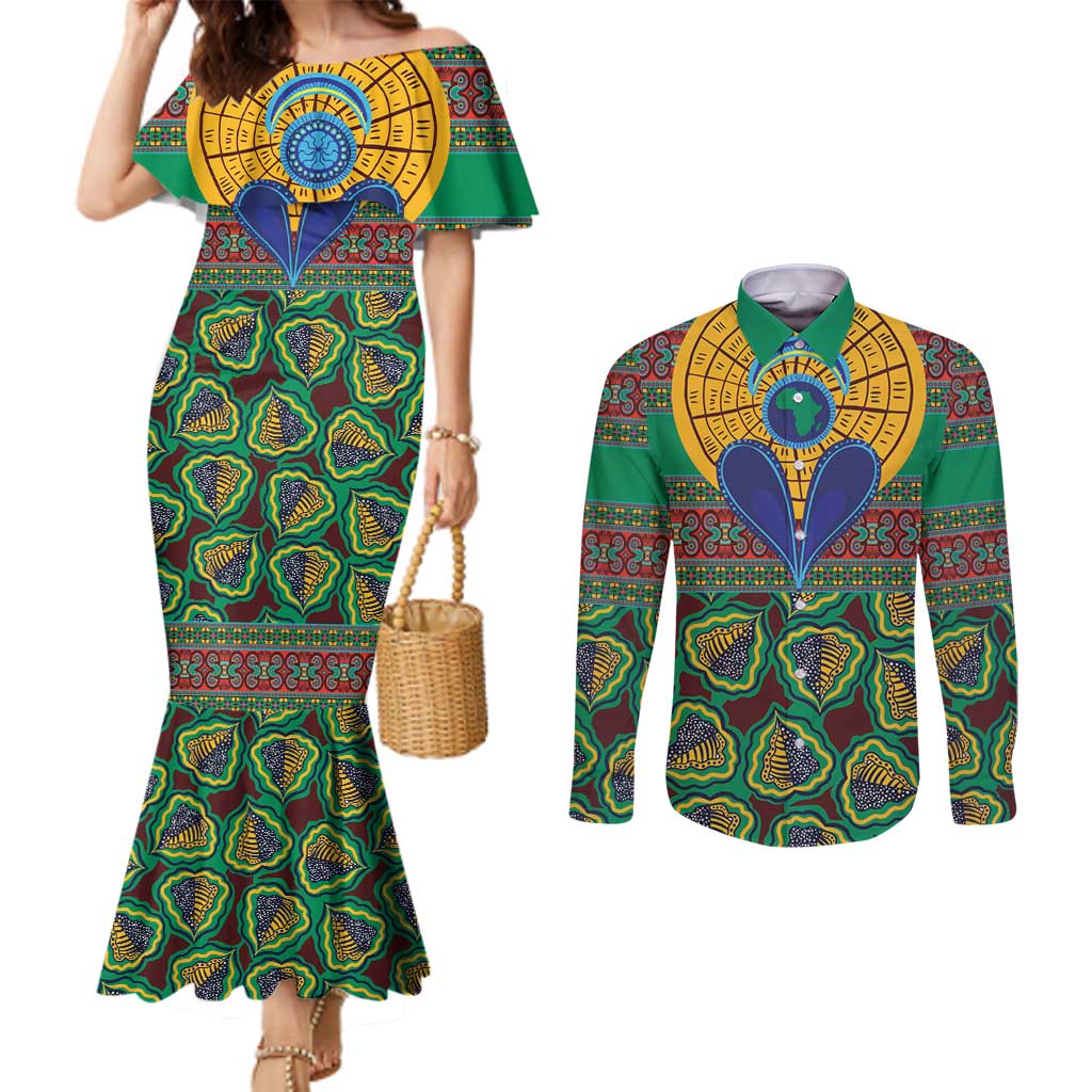 African Pattern Traditional Kanga Style Couples Matching Mermaid Dress and Long Sleeve Button Shirt
