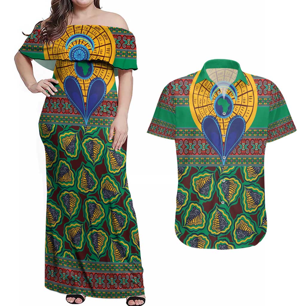 African Pattern Traditional Kanga Style Couples Matching Off Shoulder Maxi Dress and Hawaiian Shirt LT9 - Wonder Print Shop