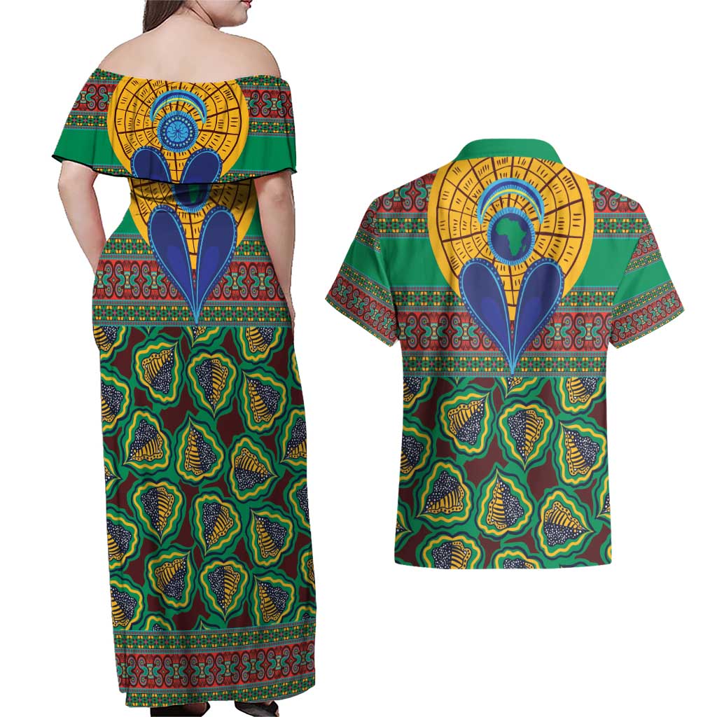 African Pattern Traditional Kanga Style Couples Matching Off Shoulder Maxi Dress and Hawaiian Shirt LT9 - Wonder Print Shop