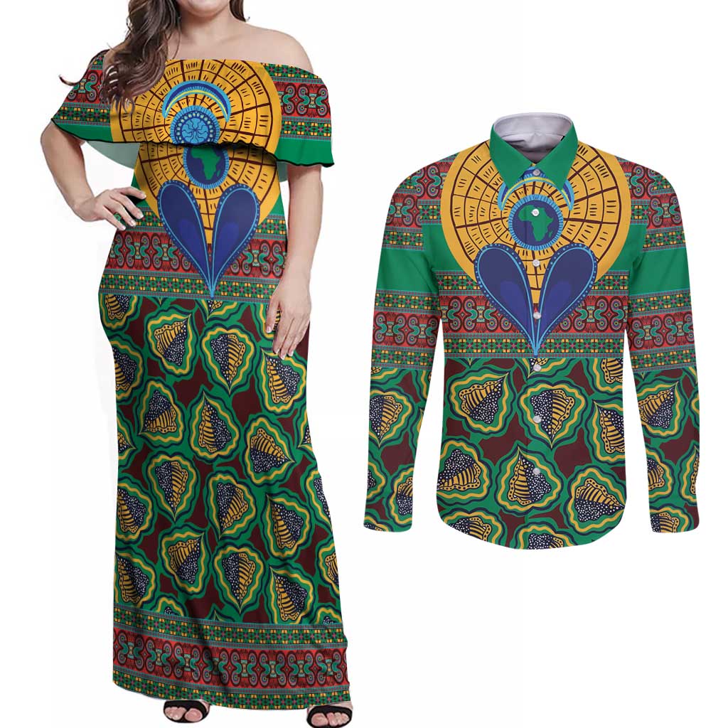 African Pattern Traditional Kanga Style Couples Matching Off Shoulder Maxi Dress and Long Sleeve Button Shirt LT9 - Wonder Print Shop