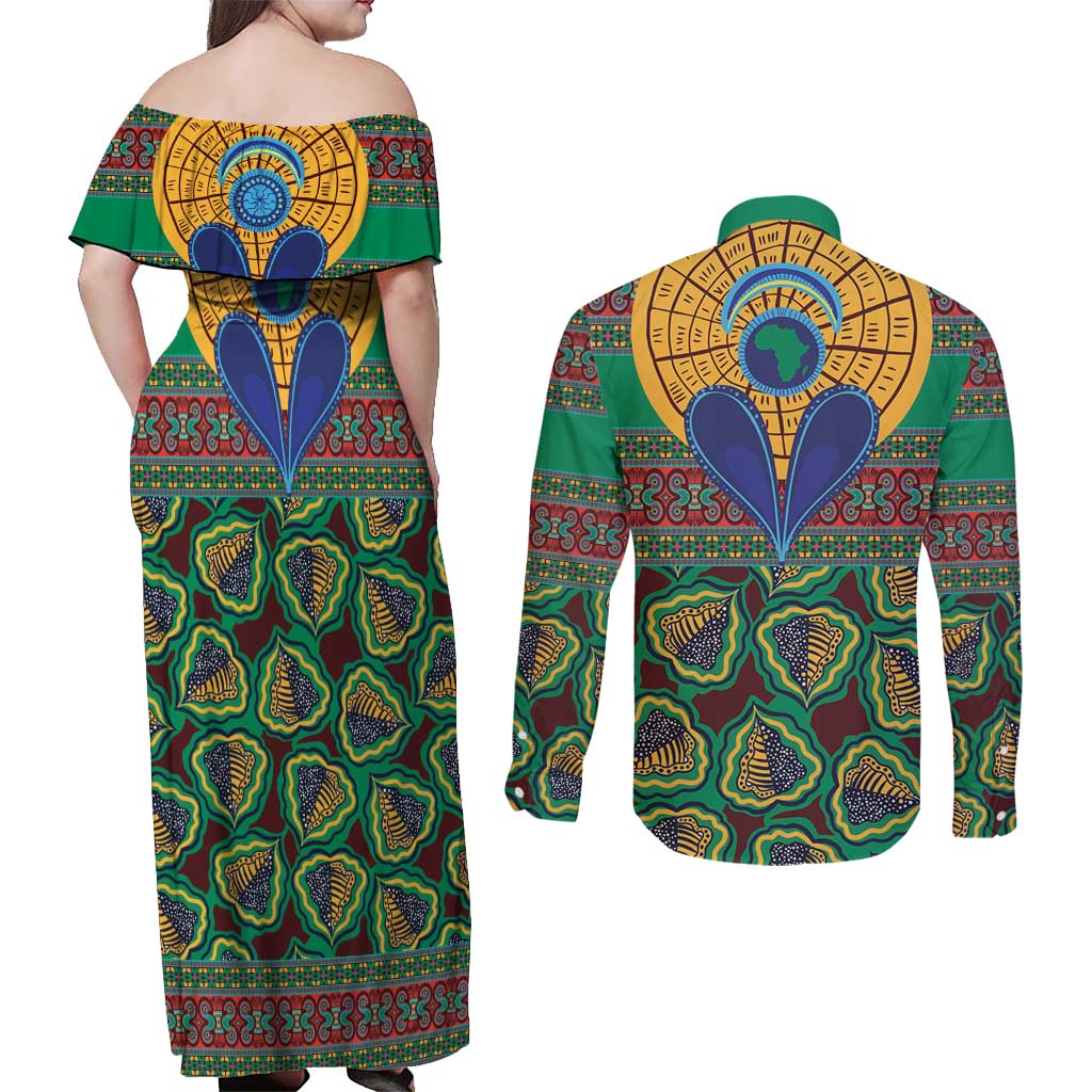 African Pattern Traditional Kanga Style Couples Matching Off Shoulder Maxi Dress and Long Sleeve Button Shirt LT9 - Wonder Print Shop