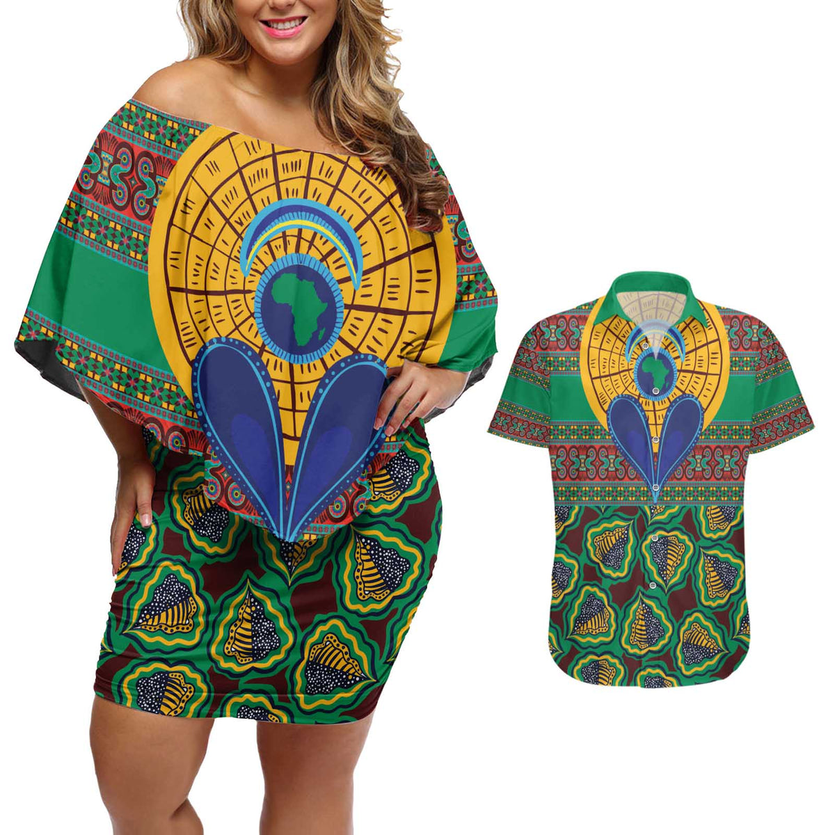African Pattern Traditional Kanga Style Couples Matching Off Shoulder Short Dress and Hawaiian Shirt LT9 - Wonder Print Shop