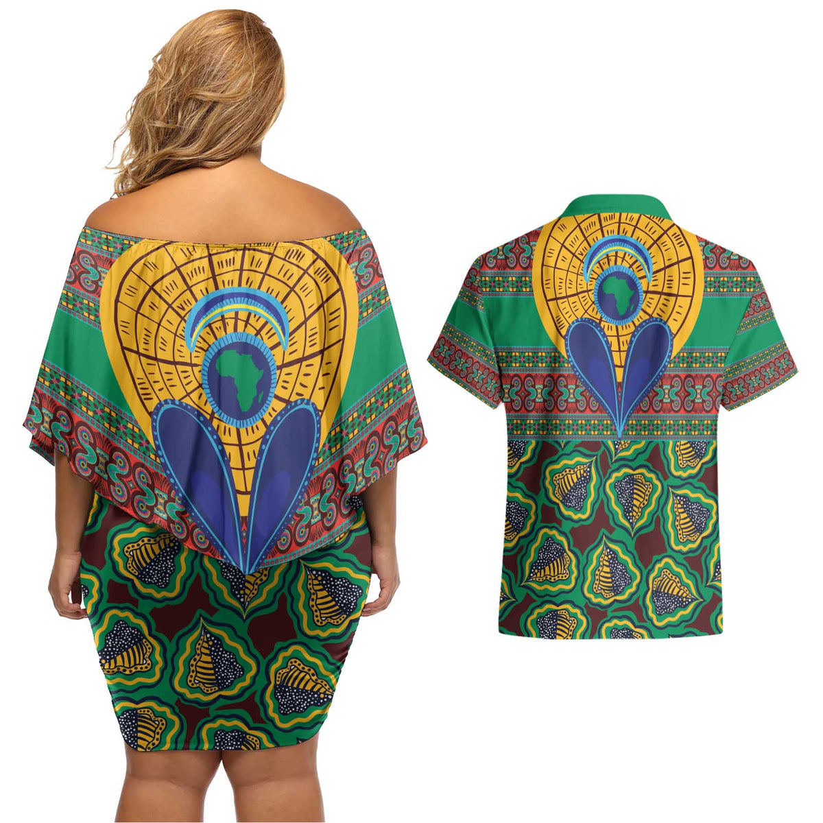 African Pattern Traditional Kanga Style Couples Matching Off Shoulder Short Dress and Hawaiian Shirt LT9 - Wonder Print Shop