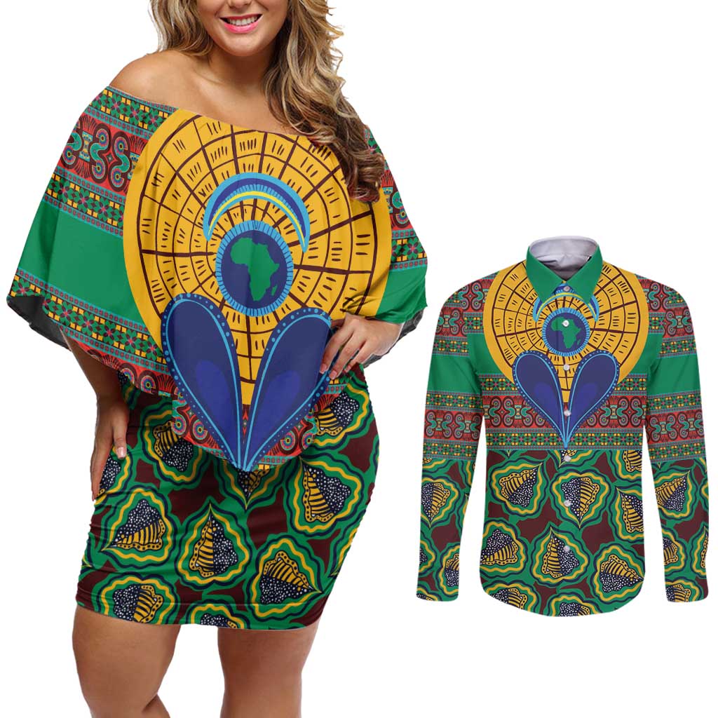 African Pattern Traditional Kanga Style Couples Matching Off Shoulder Short Dress and Long Sleeve Button Shirt LT9 - Wonder Print Shop