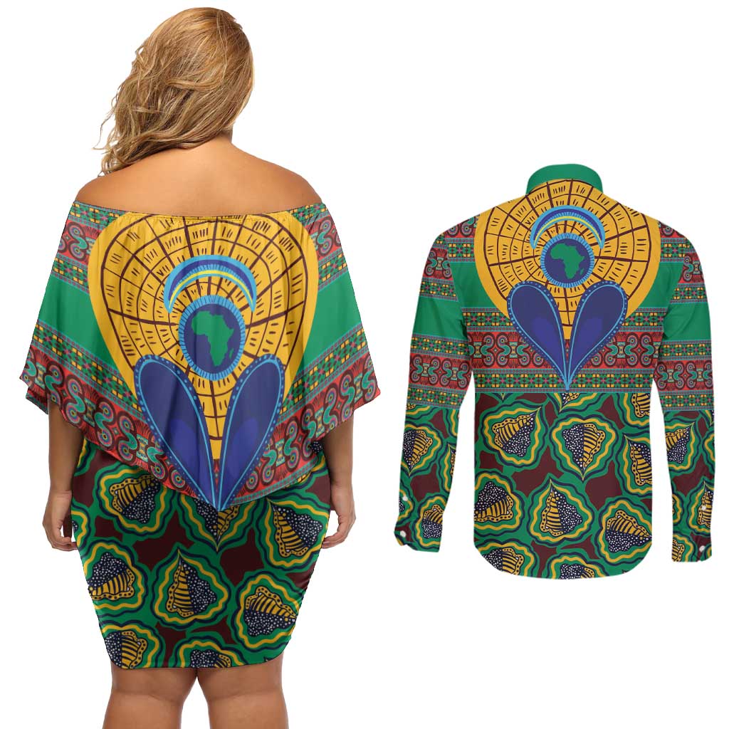 African Pattern Traditional Kanga Style Couples Matching Off Shoulder Short Dress and Long Sleeve Button Shirt LT9 - Wonder Print Shop