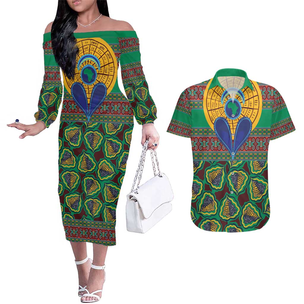 African Pattern Traditional Kanga Style Couples Matching Off The Shoulder Long Sleeve Dress and Hawaiian Shirt LT9 - Wonder Print Shop