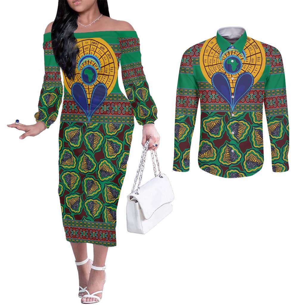African Pattern Traditional Kanga Style Couples Matching Off The Shoulder Long Sleeve Dress and Long Sleeve Button Shirt