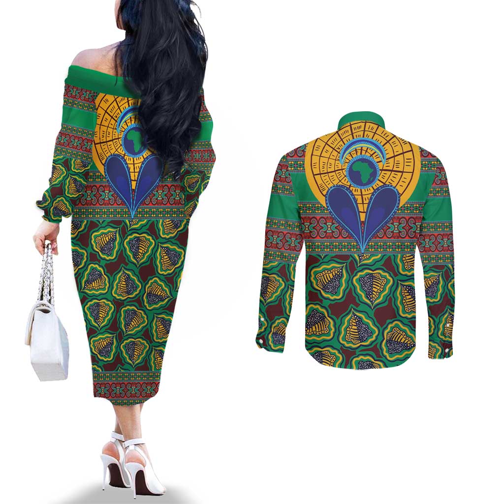 African Pattern Traditional Kanga Style Couples Matching Off The Shoulder Long Sleeve Dress and Long Sleeve Button Shirt