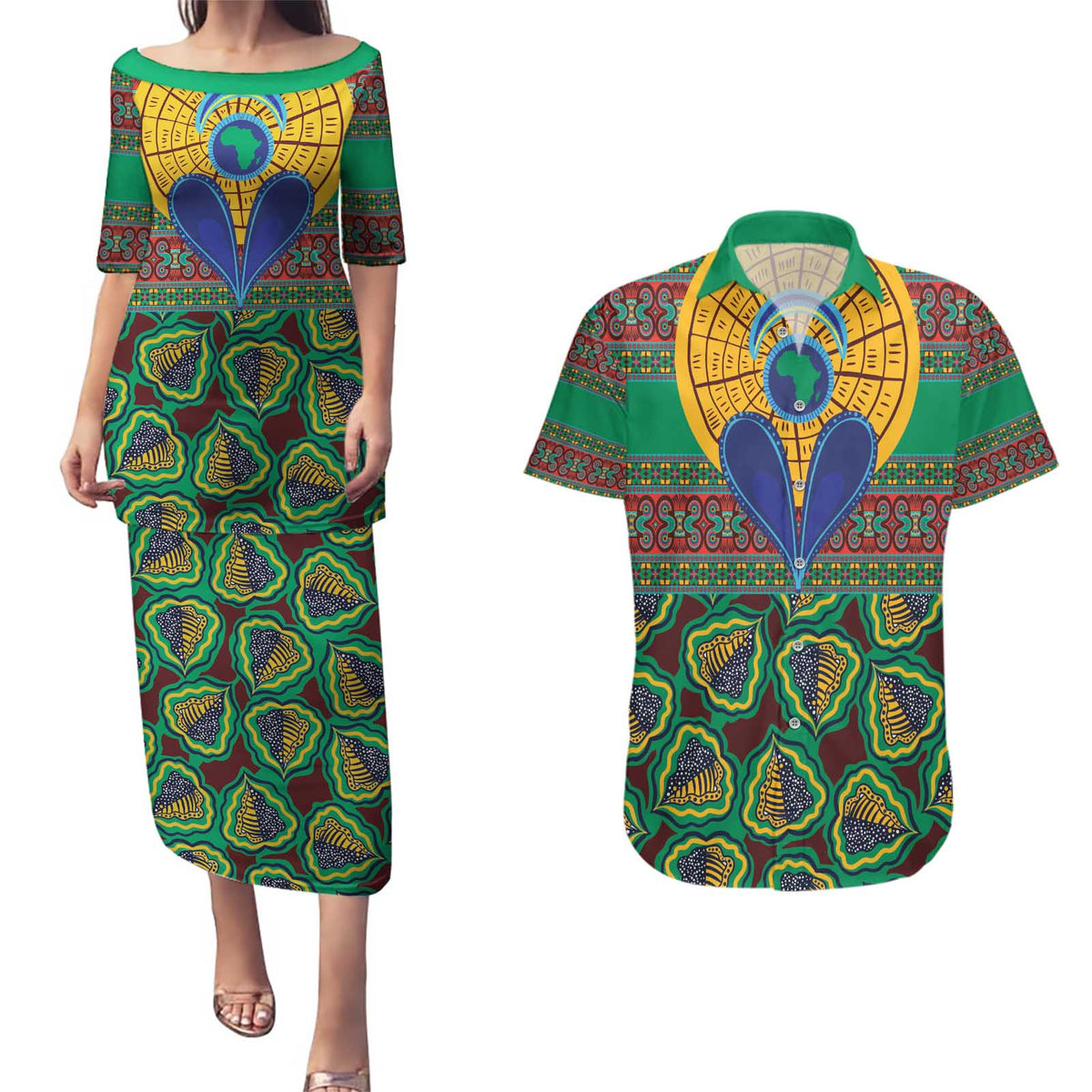 African Pattern Traditional Kanga Style Couples Matching Puletasi and Hawaiian Shirt LT9 - Wonder Print Shop