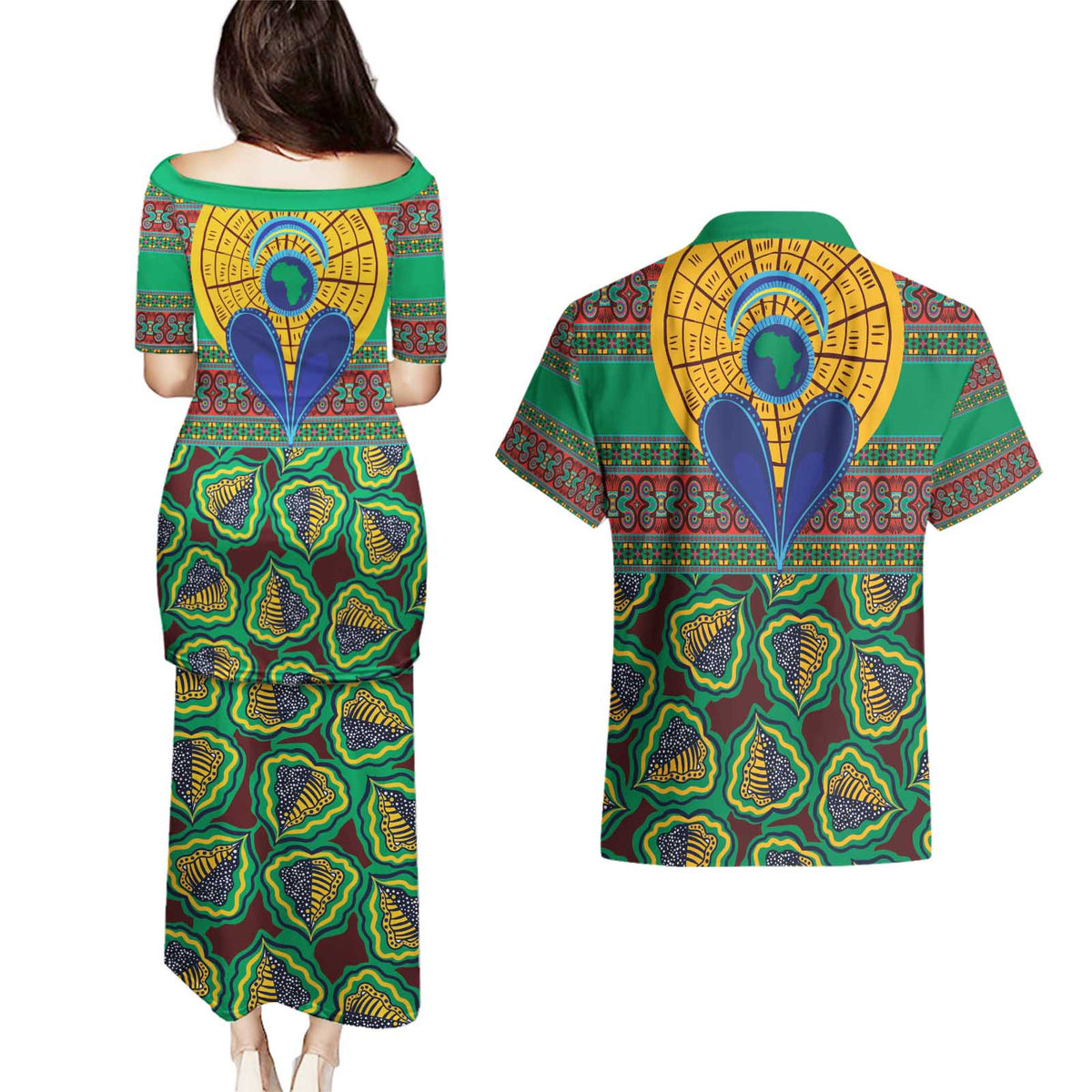 African Pattern Traditional Kanga Style Couples Matching Puletasi and Hawaiian Shirt LT9 - Wonder Print Shop