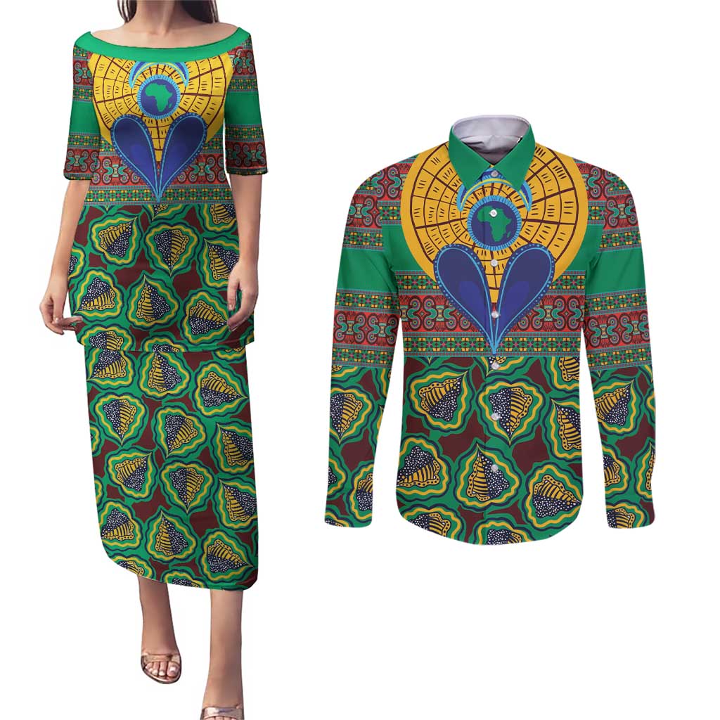 African Pattern Traditional Kanga Style Couples Matching Puletasi and Long Sleeve Button Shirt LT9 - Wonder Print Shop