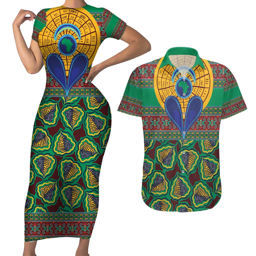 African Pattern Traditional Kanga Style Couples Matching Short Sleeve Bodycon Dress and Hawaiian Shirt LT9 - Wonder Print Shop