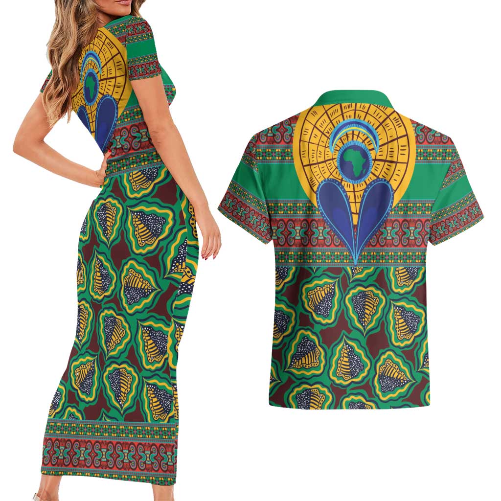 African Pattern Traditional Kanga Style Couples Matching Short Sleeve Bodycon Dress and Hawaiian Shirt LT9 - Wonder Print Shop