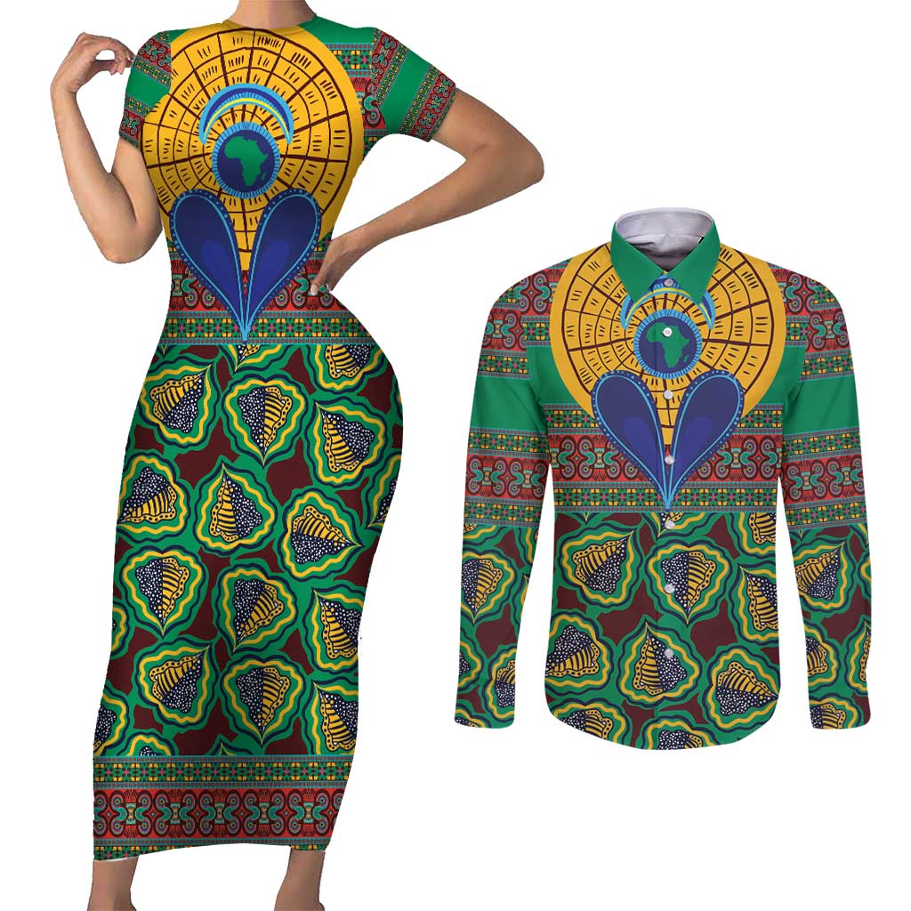 African Pattern Traditional Kanga Style Couples Matching Short Sleeve Bodycon Dress and Long Sleeve Button Shirt LT9 - Wonder Print Shop