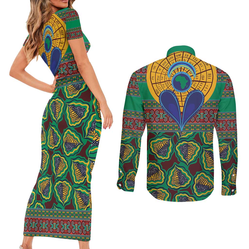 African Pattern Traditional Kanga Style Couples Matching Short Sleeve Bodycon Dress and Long Sleeve Button Shirt LT9 - Wonder Print Shop