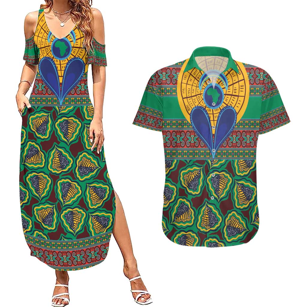 African Pattern Traditional Kanga Style Couples Matching Summer Maxi Dress and Hawaiian Shirt LT9 - Wonder Print Shop