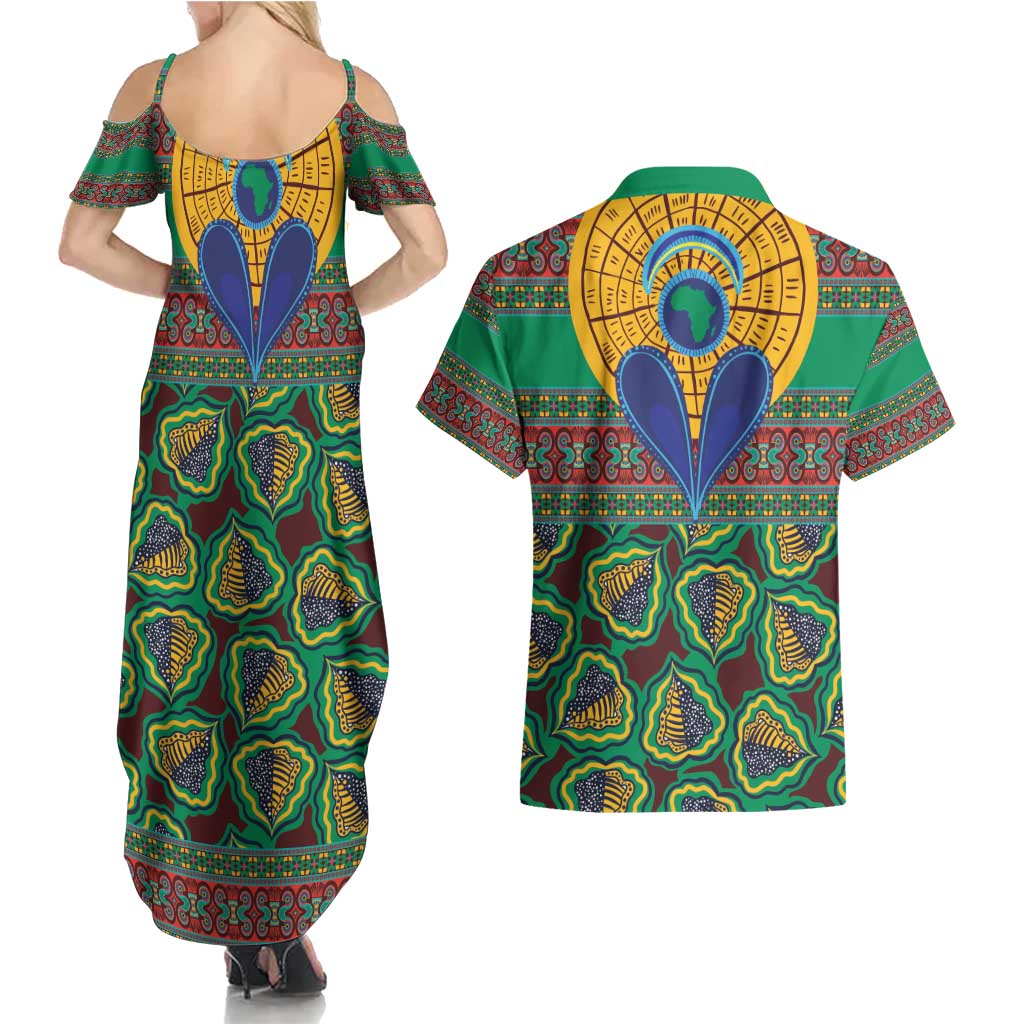 African Pattern Traditional Kanga Style Couples Matching Summer Maxi Dress and Hawaiian Shirt LT9 - Wonder Print Shop