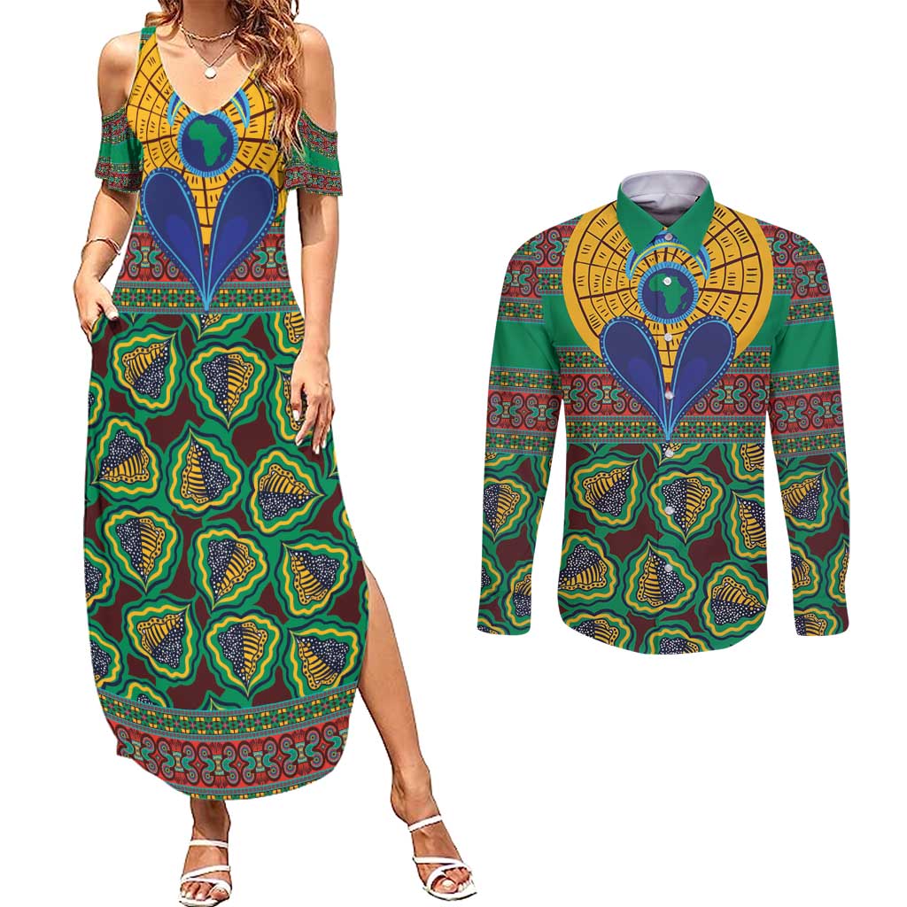 African Pattern Traditional Kanga Style Couples Matching Summer Maxi Dress and Long Sleeve Button Shirt LT9 - Wonder Print Shop