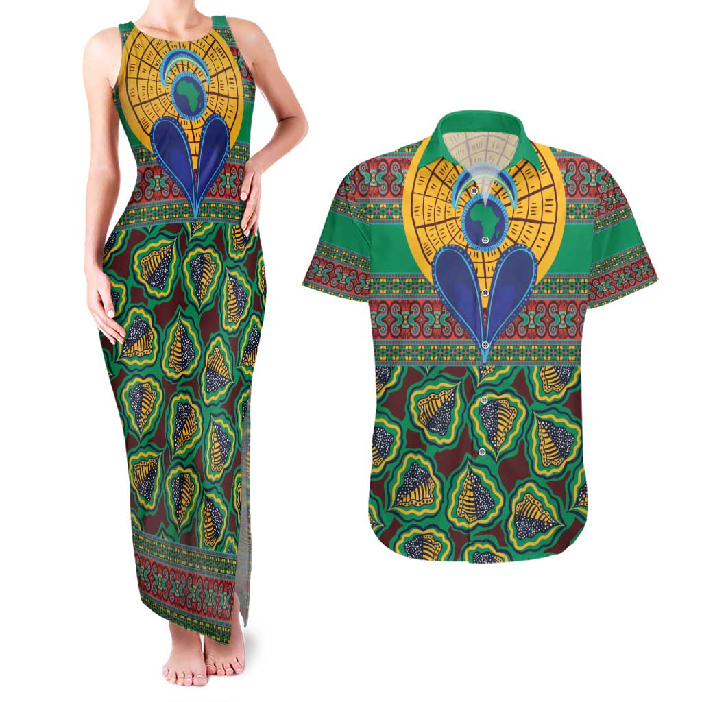 African Pattern Traditional Kanga Style Couples Matching Tank Maxi Dress and Hawaiian Shirt LT9 - Wonder Print Shop