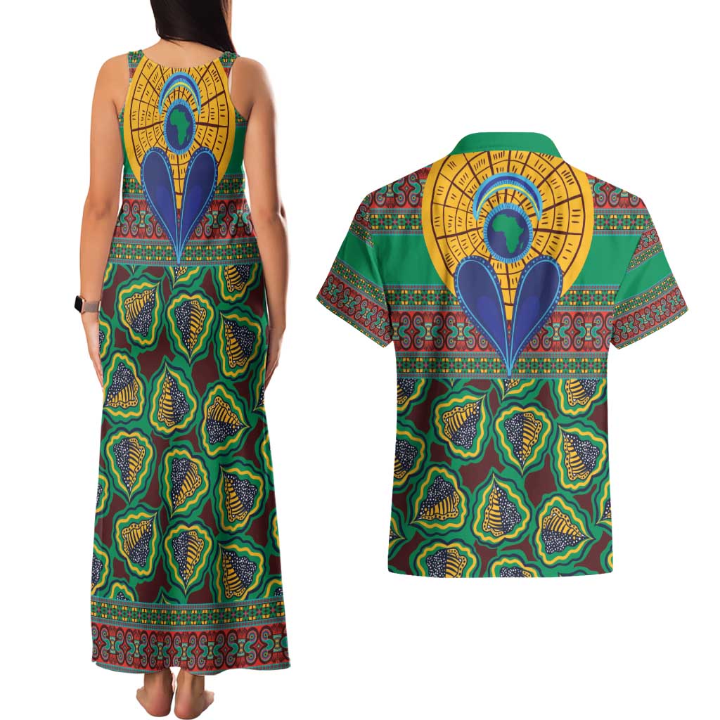 African Pattern Traditional Kanga Style Couples Matching Tank Maxi Dress and Hawaiian Shirt LT9 - Wonder Print Shop