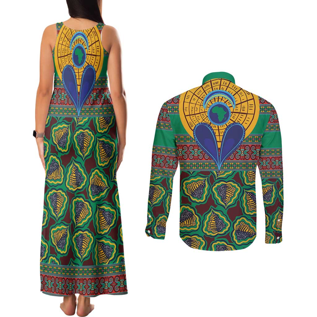 African Pattern Traditional Kanga Style Couples Matching Tank Maxi Dress and Long Sleeve Button Shirt LT9 - Wonder Print Shop