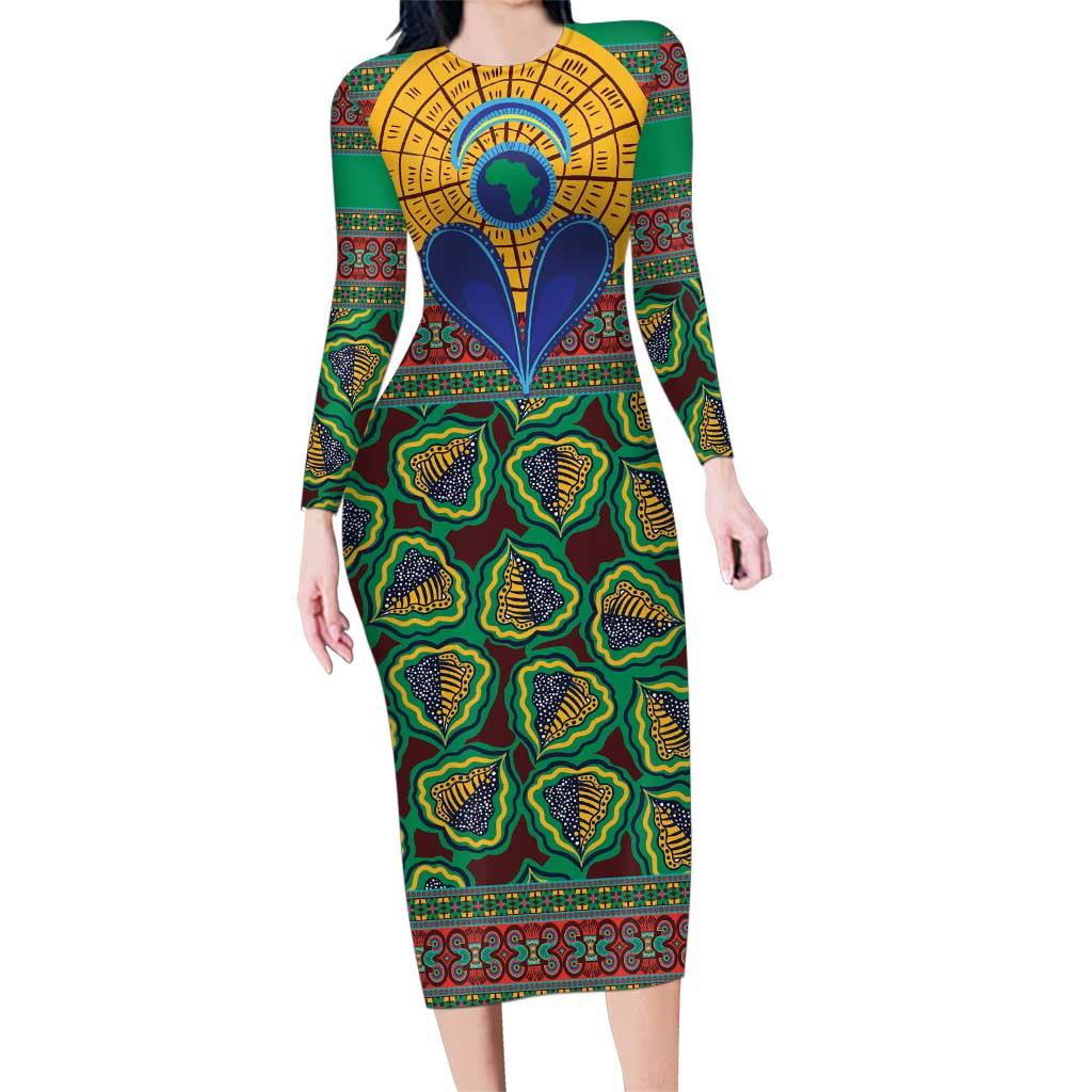 African Pattern Traditional Kanga Style Family Matching Long Sleeve Bodycon Dress and Hawaiian Shirt LT9 - Wonder Print Shop