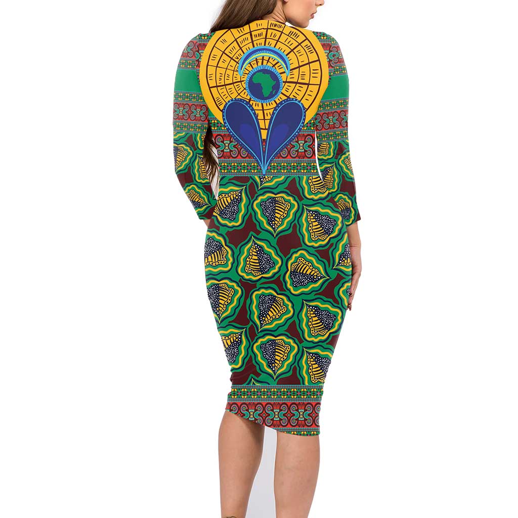 African Pattern Traditional Kanga Style Family Matching Long Sleeve Bodycon Dress and Hawaiian Shirt LT9 - Wonder Print Shop