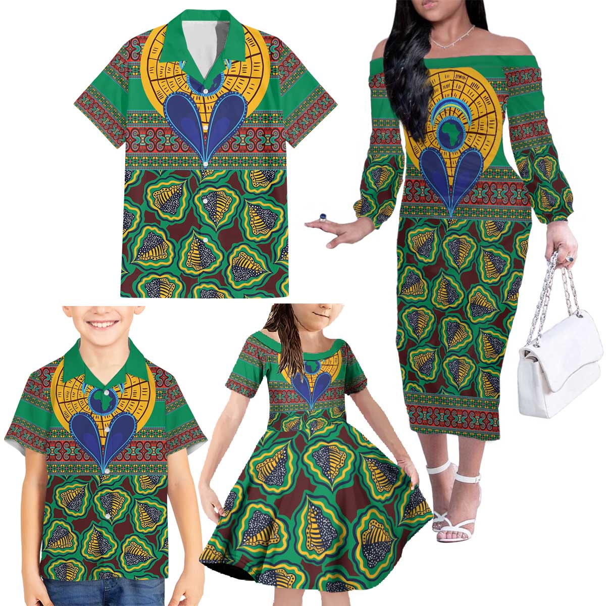 African Pattern Traditional Kanga Style Family Matching Off The Shoulder Long Sleeve Dress and Hawaiian Shirt - Wonder Print Shop
