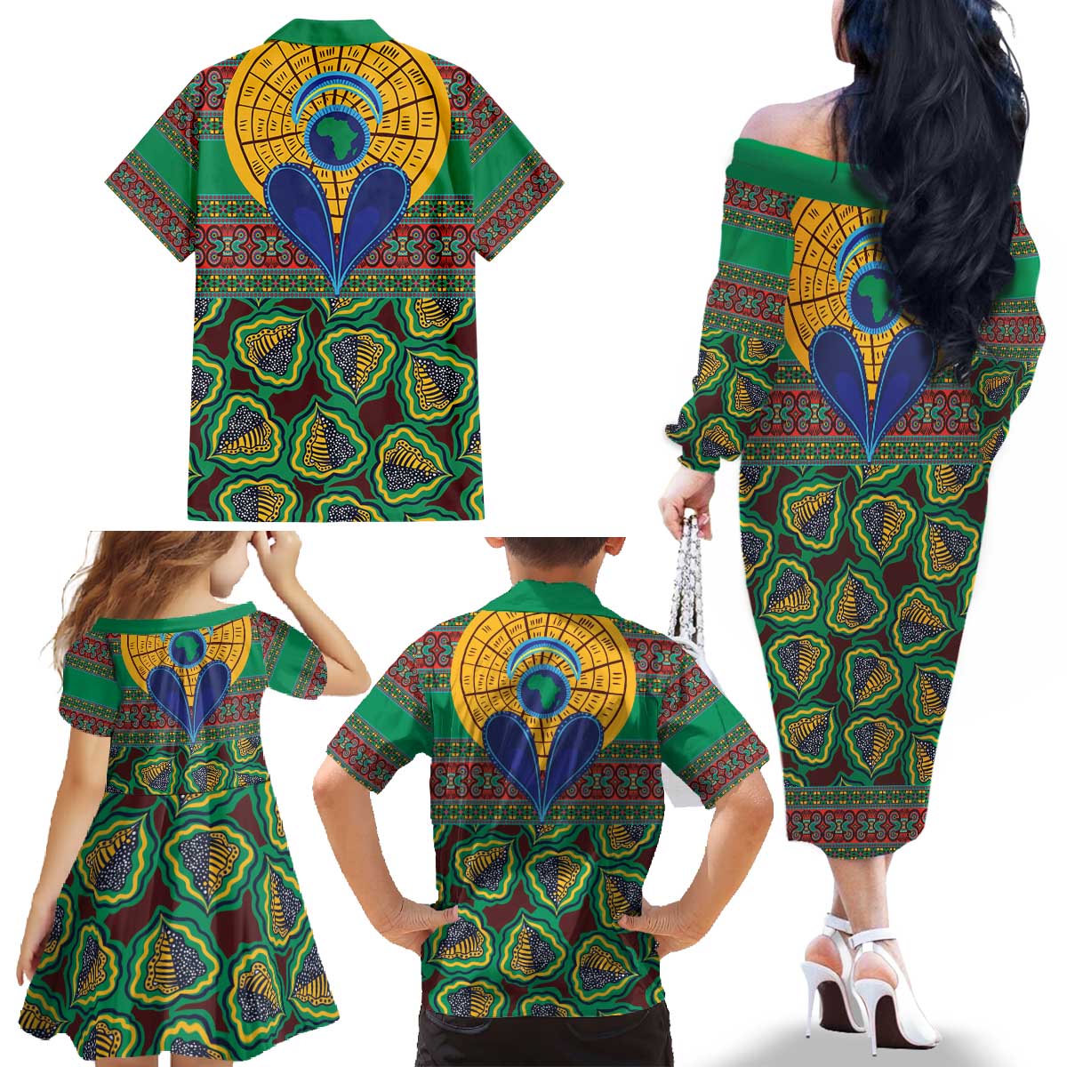 African Pattern Traditional Kanga Style Family Matching Off The Shoulder Long Sleeve Dress and Hawaiian Shirt - Wonder Print Shop