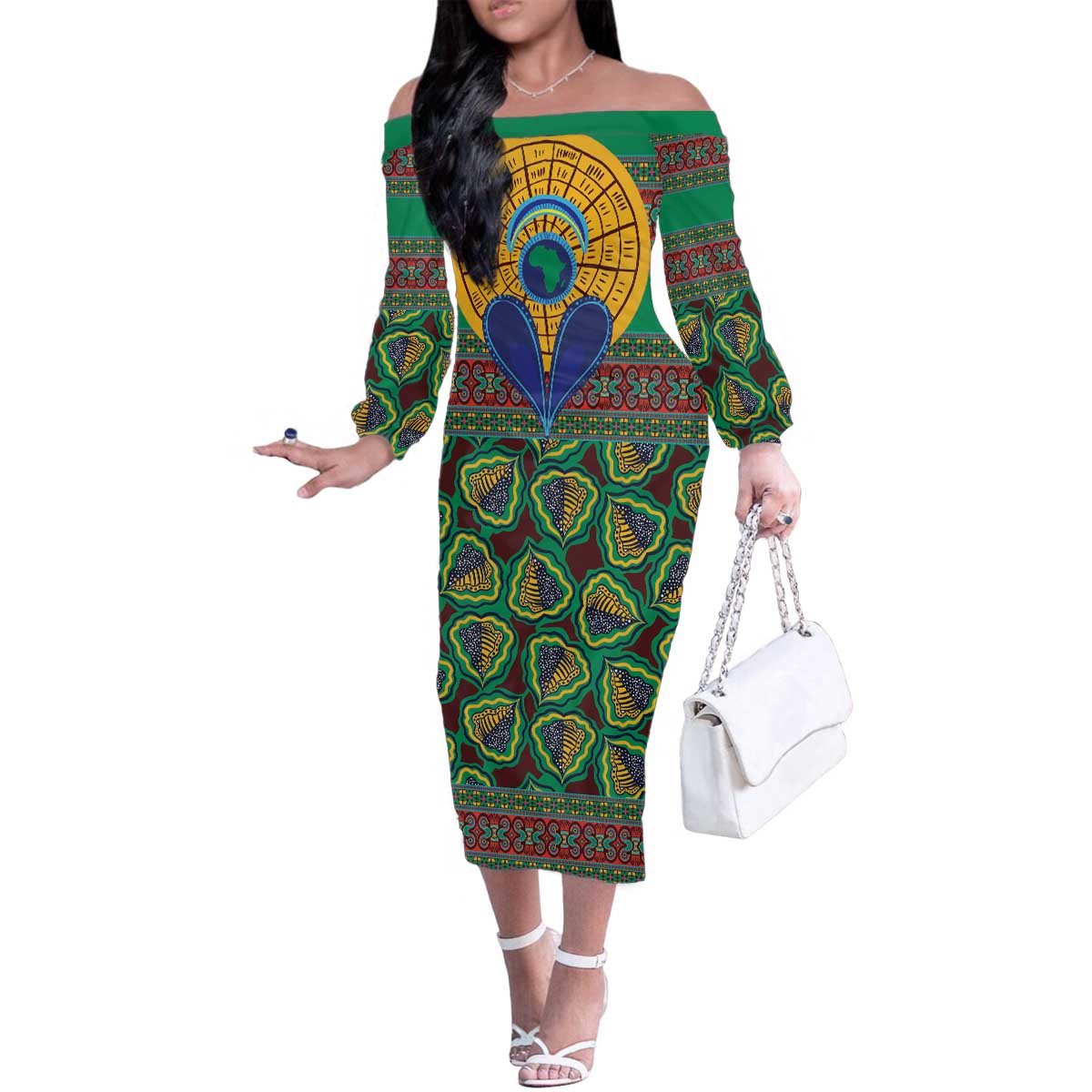 African Pattern Traditional Kanga Style Family Matching Off The Shoulder Long Sleeve Dress and Hawaiian Shirt - Wonder Print Shop