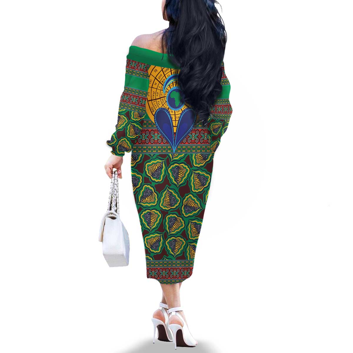 African Pattern Traditional Kanga Style Family Matching Off The Shoulder Long Sleeve Dress and Hawaiian Shirt - Wonder Print Shop