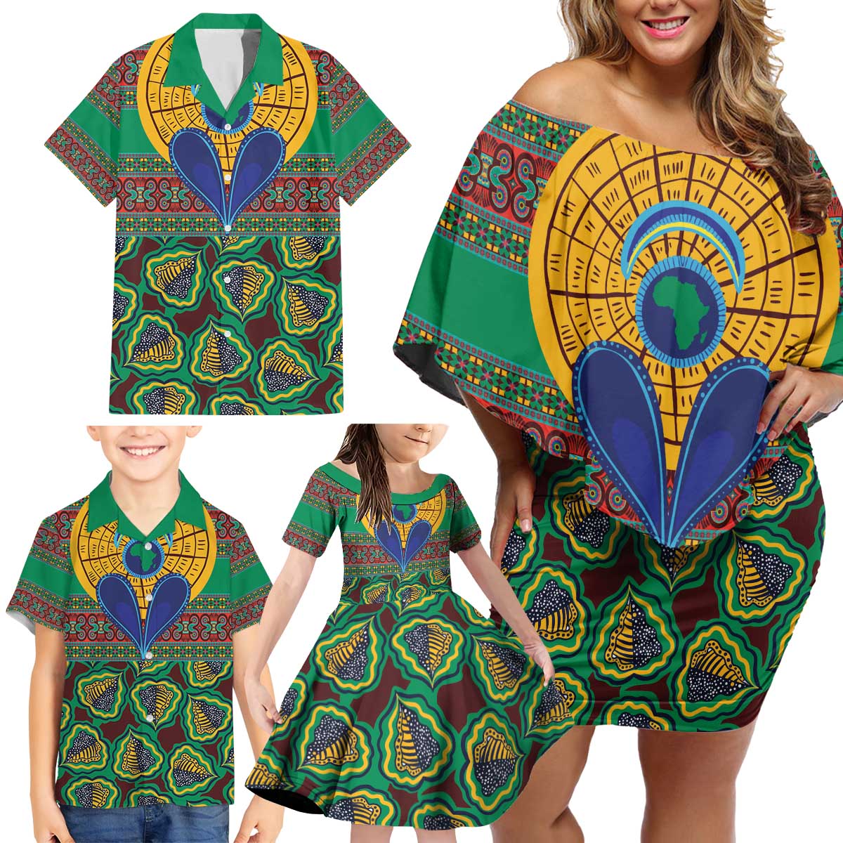 African Pattern Traditional Kanga Style Family Matching Off Shoulder Short Dress and Hawaiian Shirt LT9 - Wonder Print Shop