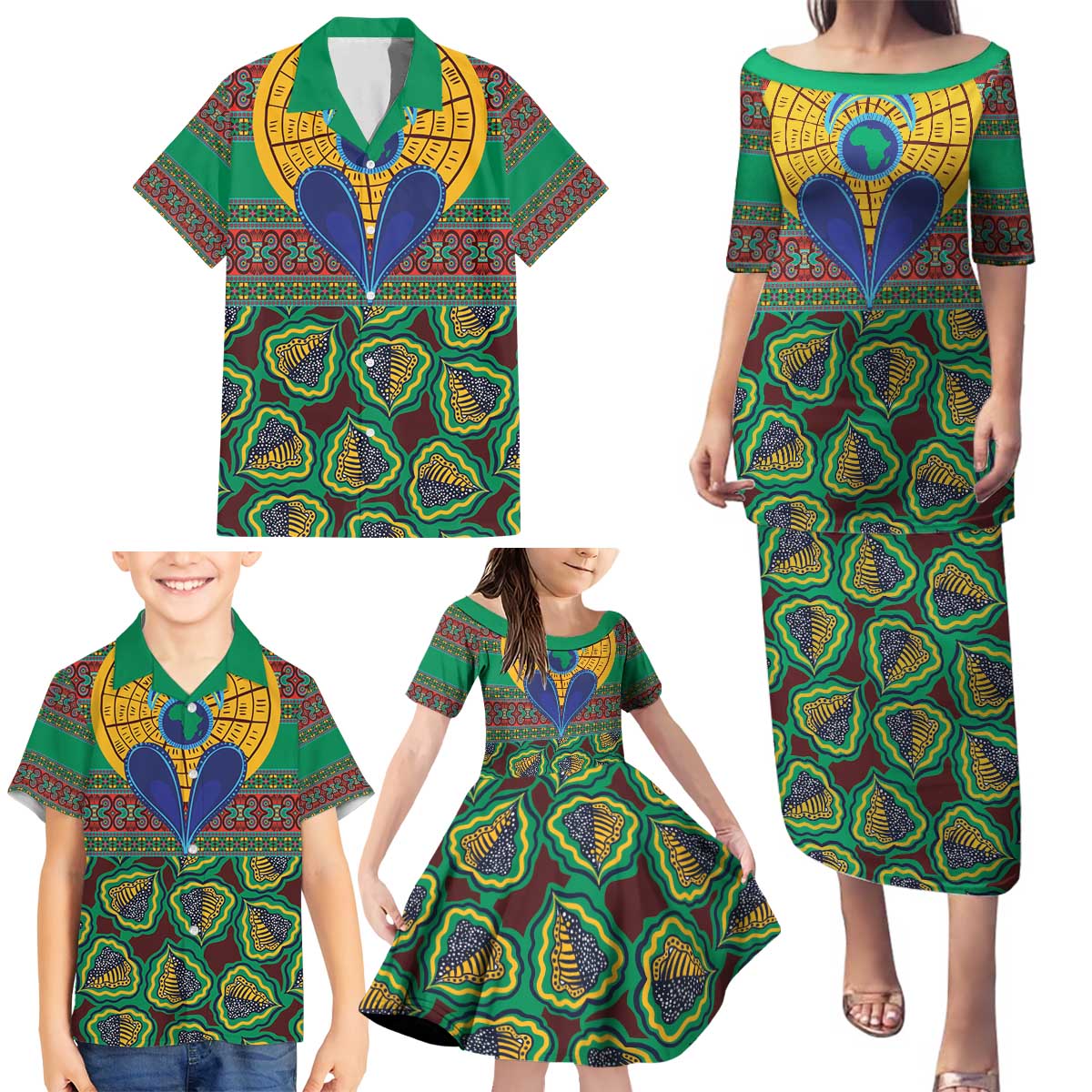 African Pattern Traditional Kanga Style Family Matching Puletasi and Hawaiian Shirt - Wonder Print Shop