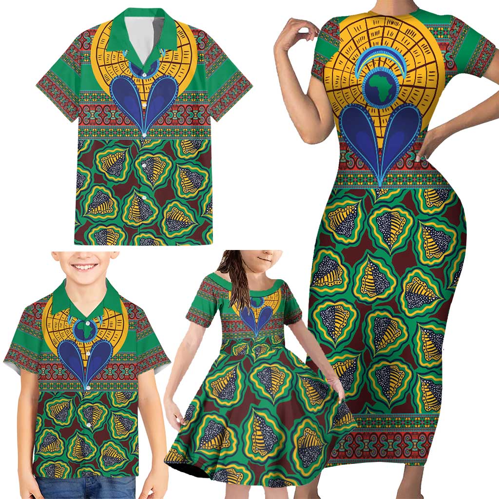 African Pattern Traditional Kanga Style Family Matching Short Sleeve Bodycon Dress and Hawaiian Shirt - Wonder Print Shop