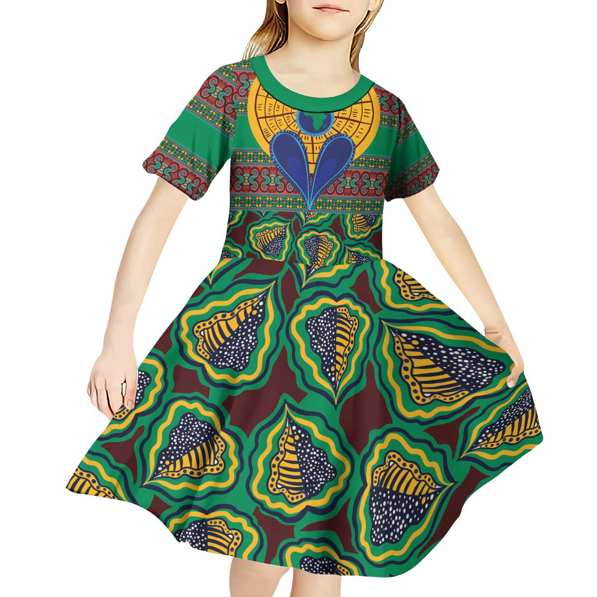 African Pattern Traditional Kanga Style Kid Short Sleeve Dress - Wonder Print Shop