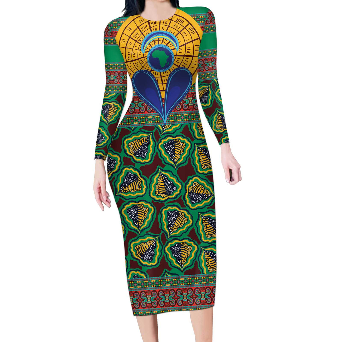 African Pattern Traditional Kanga Style Long Sleeve Bodycon Dress - Wonder Print Shop