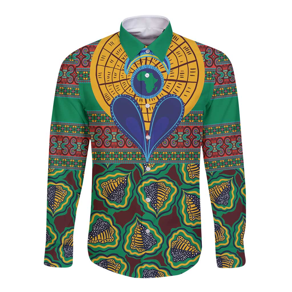 African Pattern Traditional Kanga Style Long Sleeve Button Shirt - Wonder Print Shop