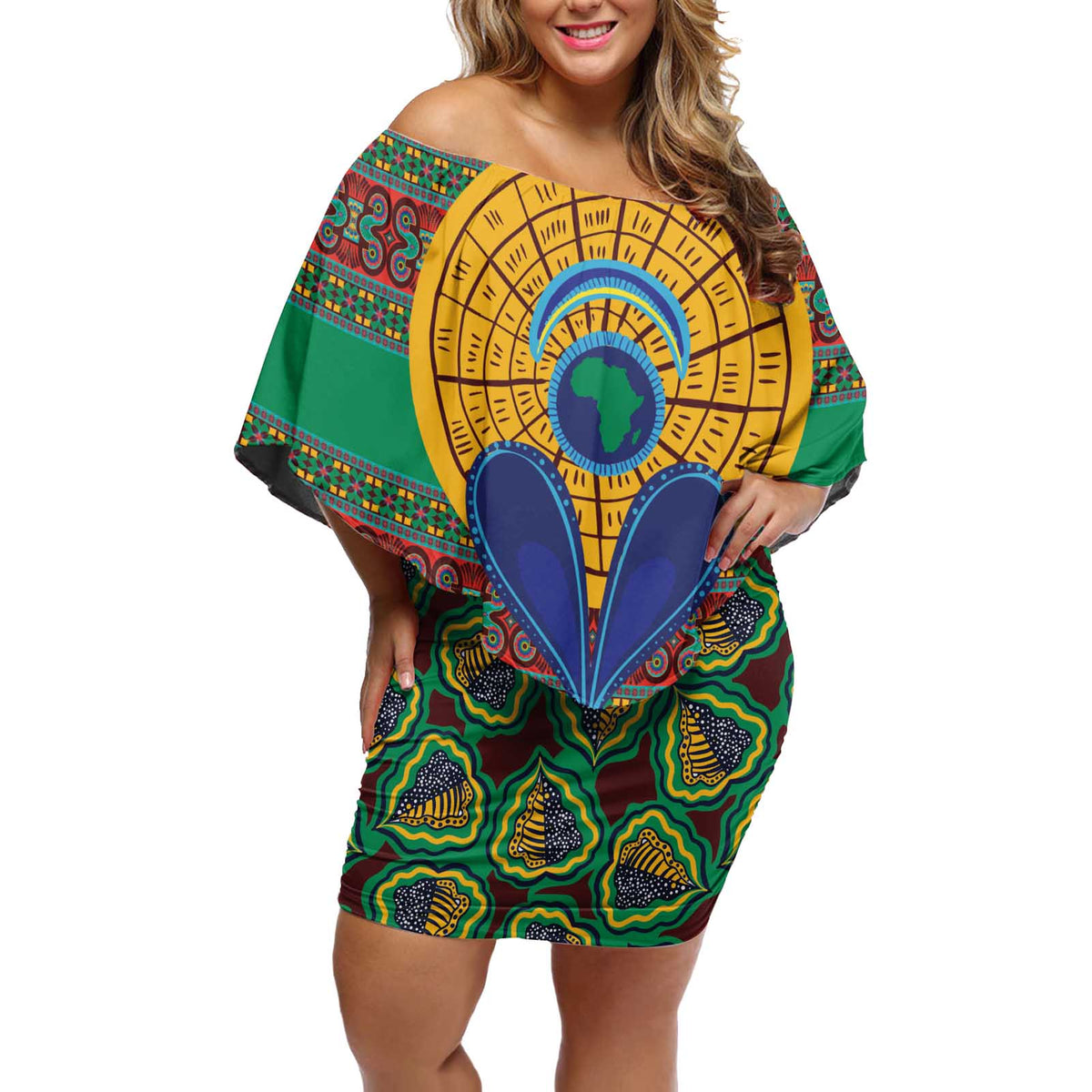 African Pattern Traditional Kanga Style Off Shoulder Short Dress - Wonder Print Shop