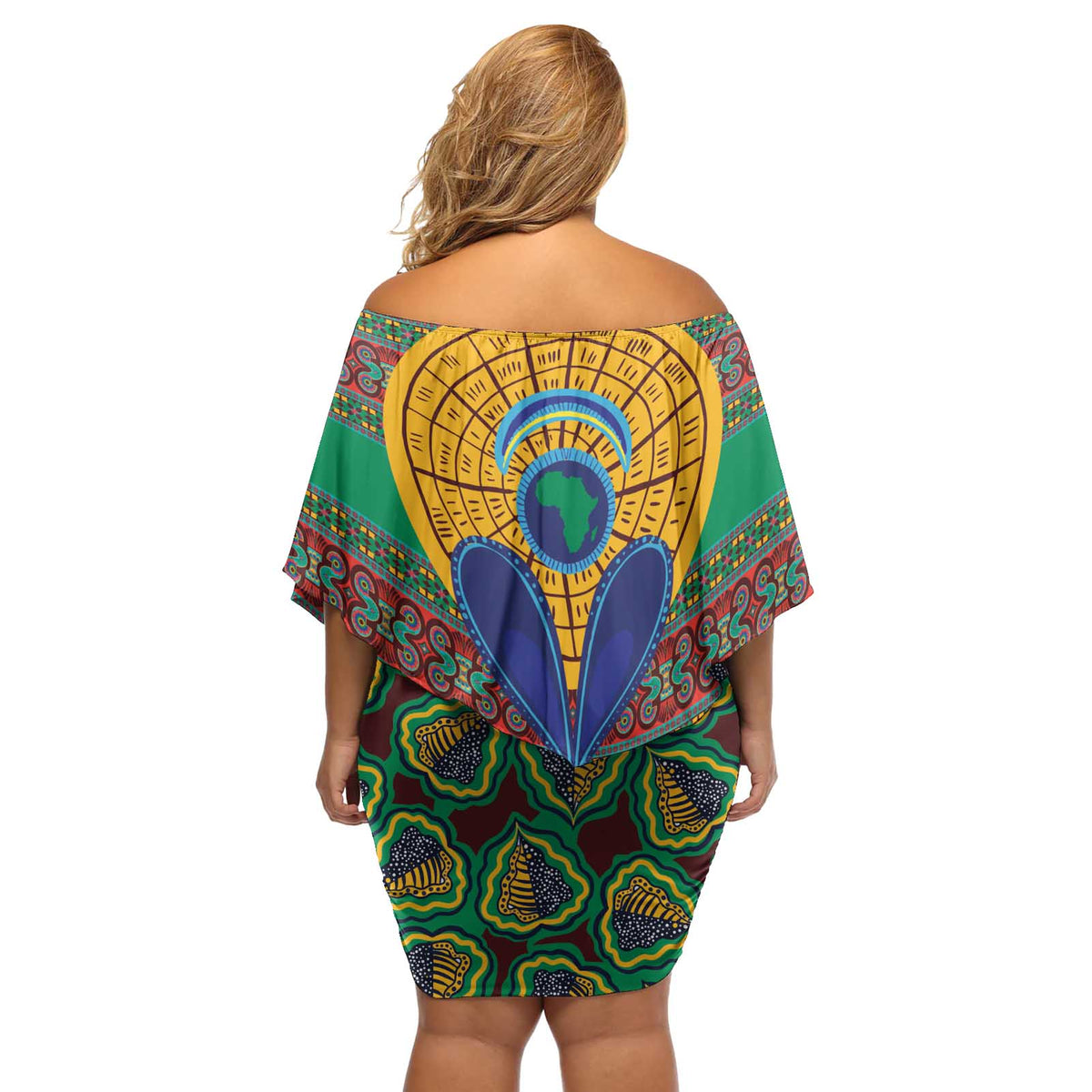 African Pattern Traditional Kanga Style Off Shoulder Short Dress - Wonder Print Shop