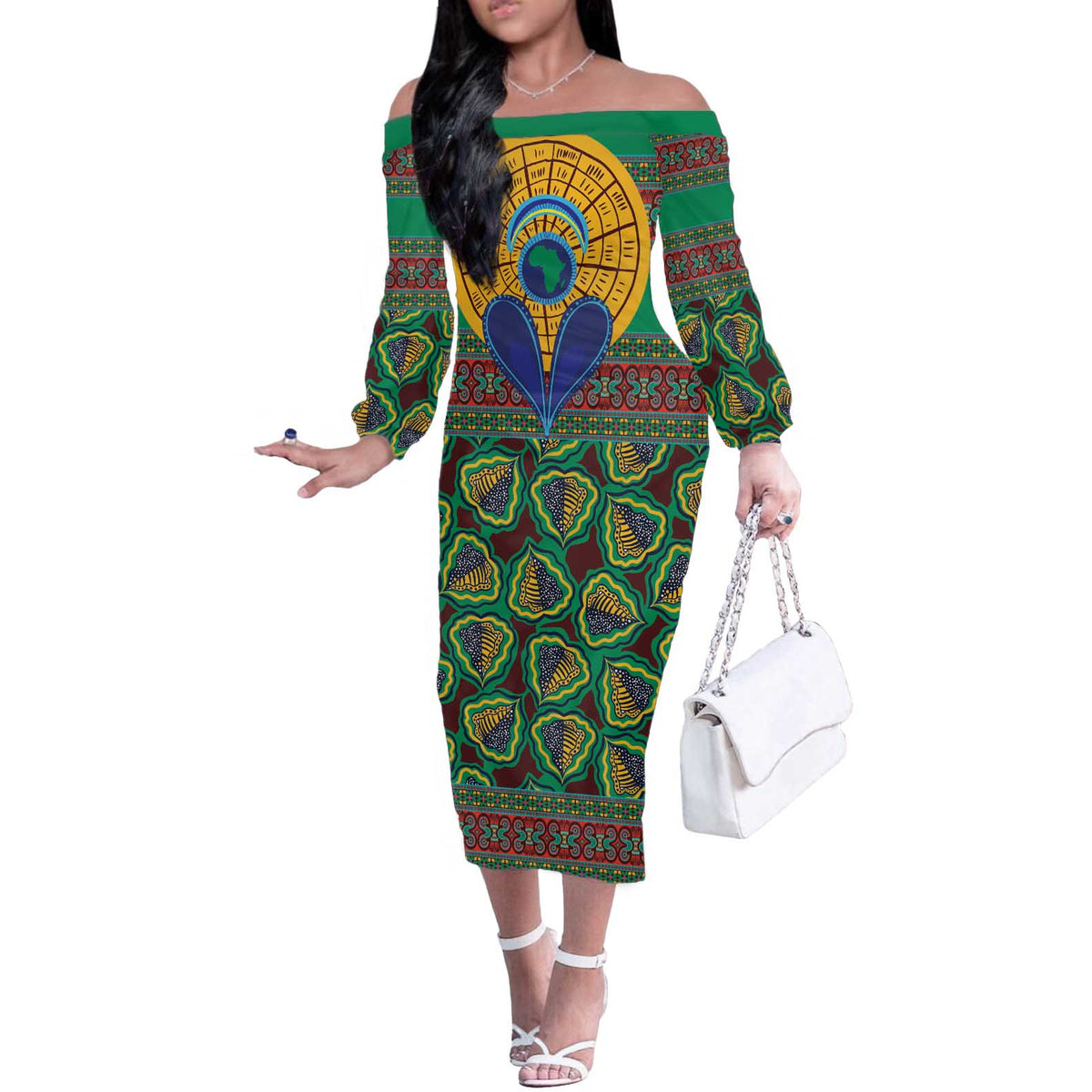 African Pattern Traditional Kanga Style Off The Shoulder Long Sleeve Dress - Wonder Print Shop