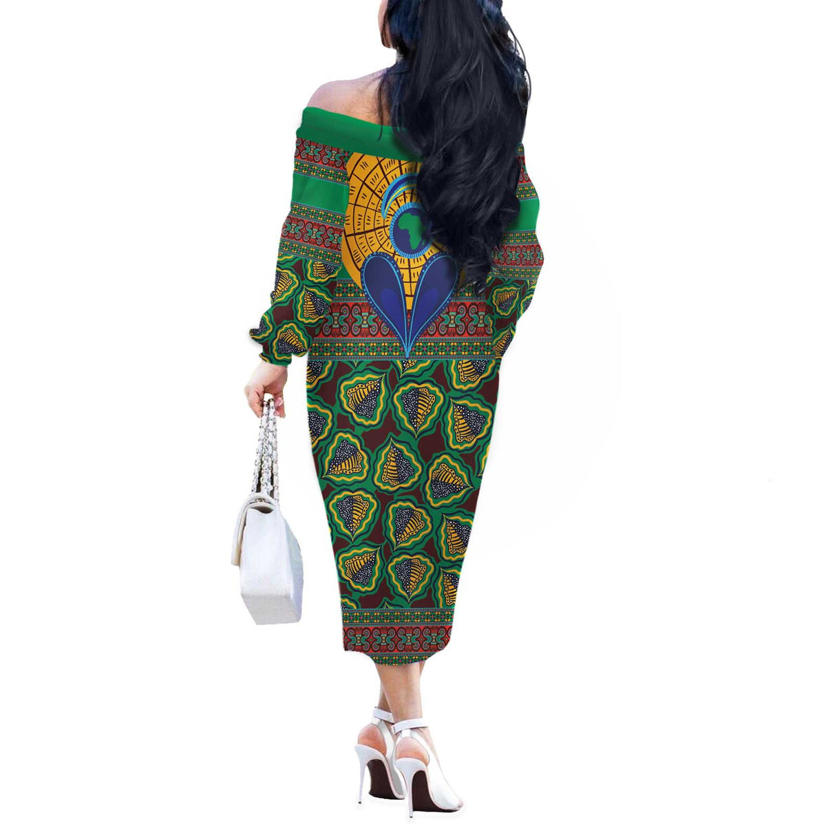African Pattern Traditional Kanga Style Off The Shoulder Long Sleeve Dress - Wonder Print Shop
