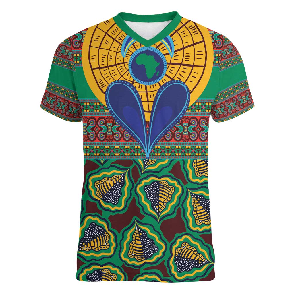 African Pattern Traditional Kanga Style Women V-Neck T-Shirt - Wonder Print Shop