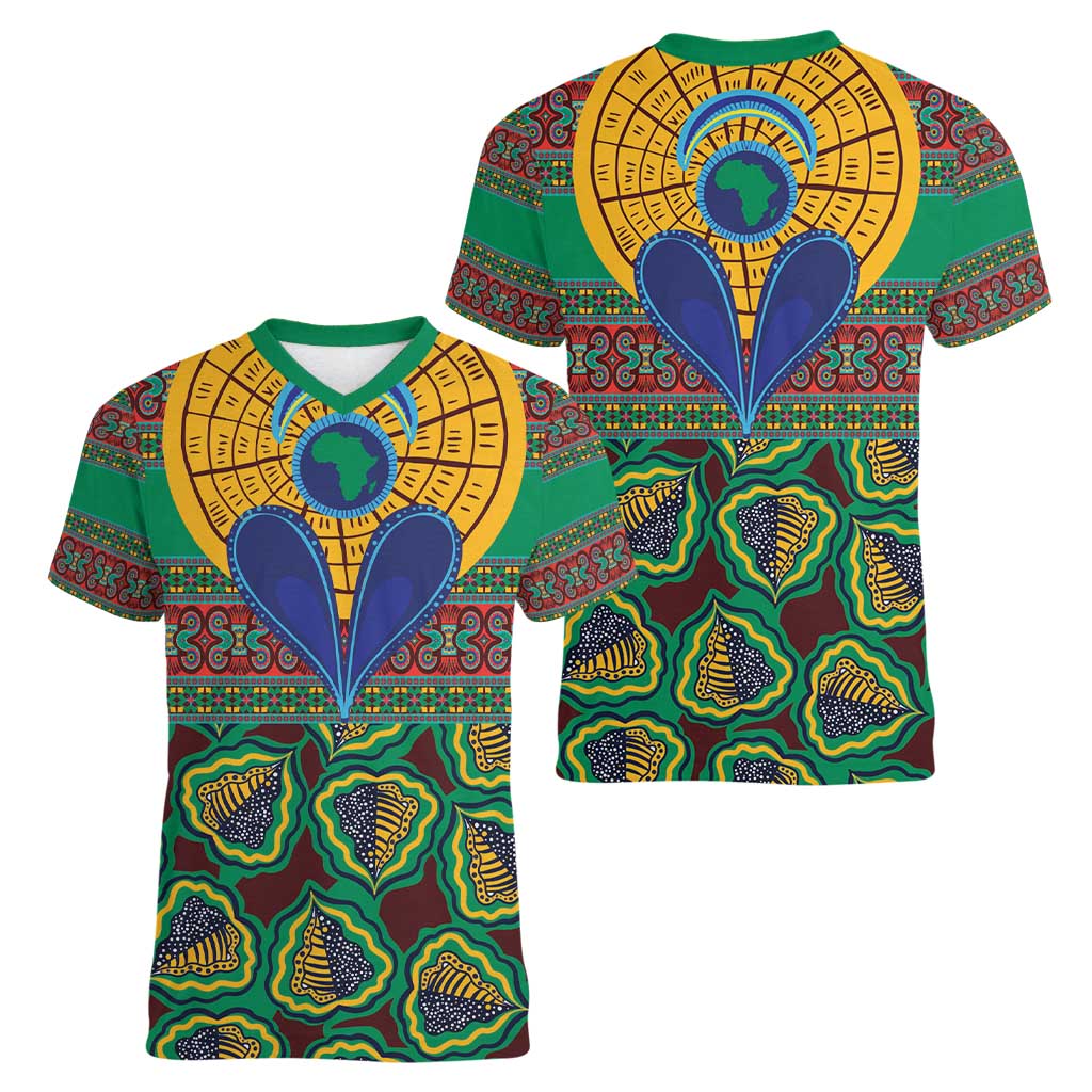 African Pattern Traditional Kanga Style Women V-Neck T-Shirt - Wonder Print Shop