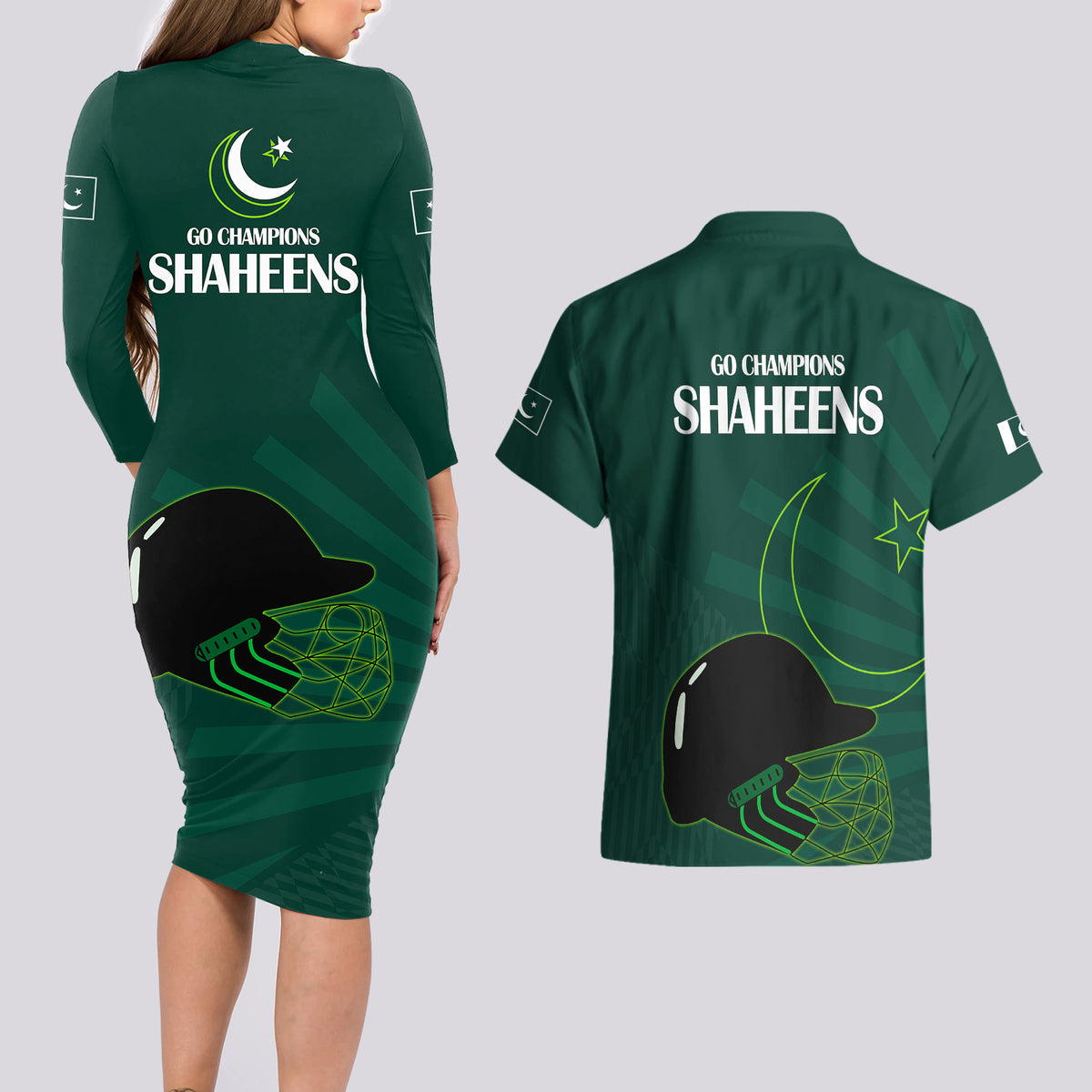 Pakistan Cricket Helmet Couples Matching Long Sleeve Bodycon Dress and Hawaiian Shirt Proud Shaheen Falcon Star and Crescent LT9 - Wonder Print Shop