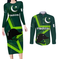 Pakistan Cricket Helmet Couples Matching Long Sleeve Bodycon Dress and Long Sleeve Button Shirts Proud Shaheen Falcon Star and Crescent LT9 - Wonder Print Shop
