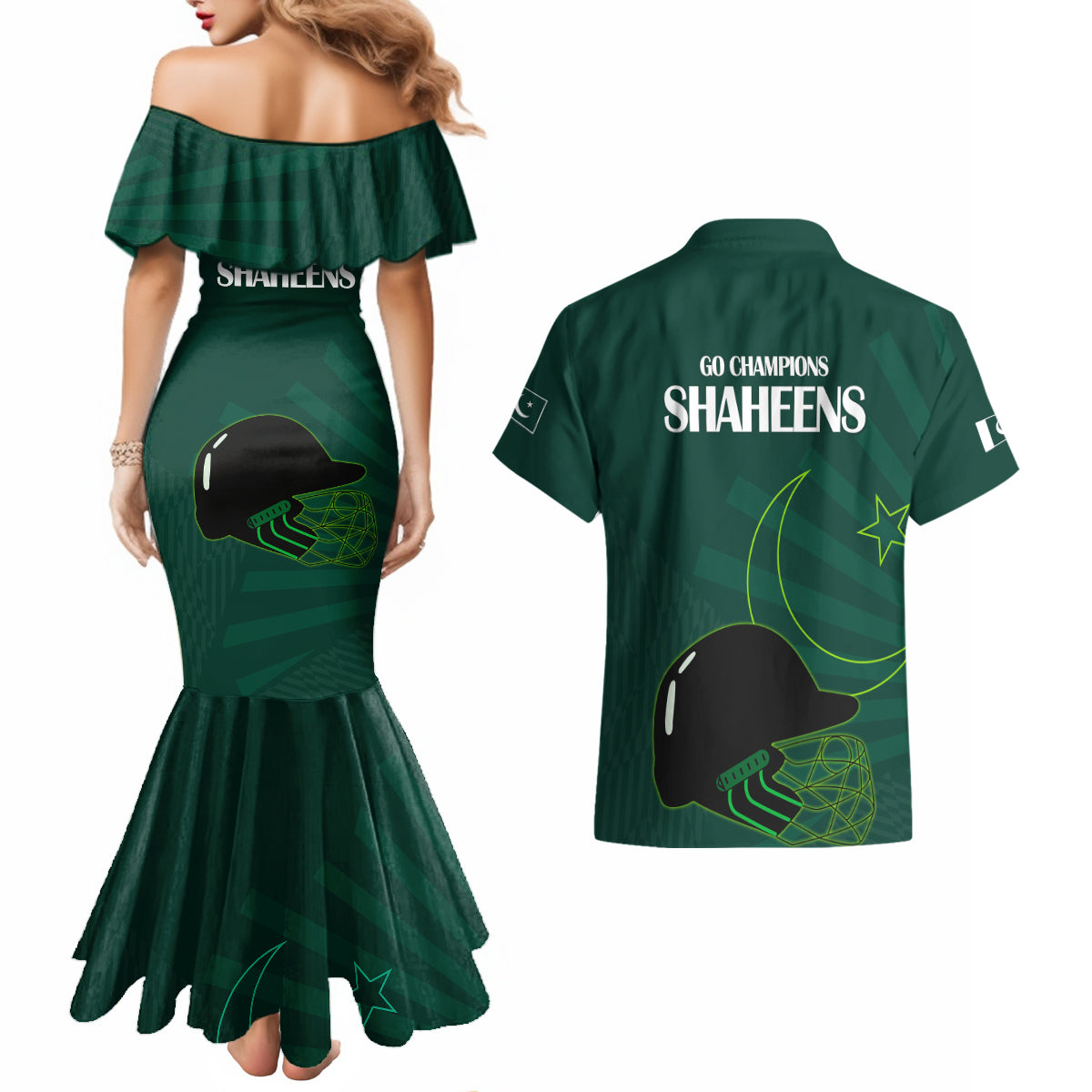 Pakistan Cricket Helmet Couples Matching Mermaid Dress and Hawaiian Shirt Proud Shaheen Falcon Star and Crescent LT9 - Wonder Print Shop