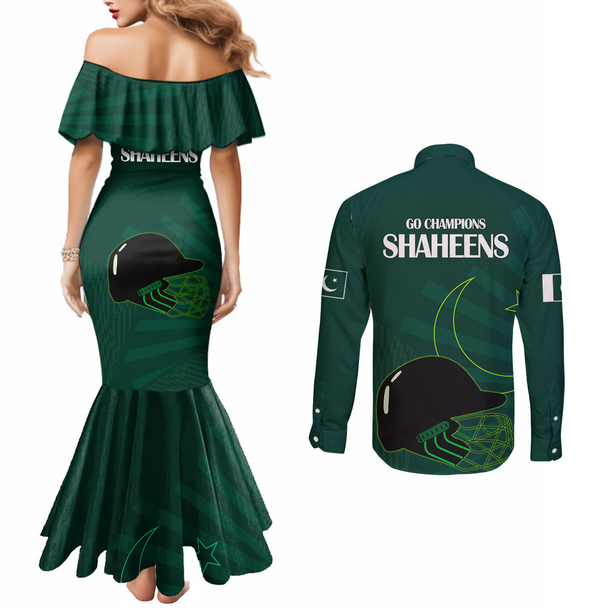 pakistan-cricket-helmet-couples-matching-mermaid-dress-and-long-sleeve-button-shirts-proud-shaheen-falcon-star-and-crescent