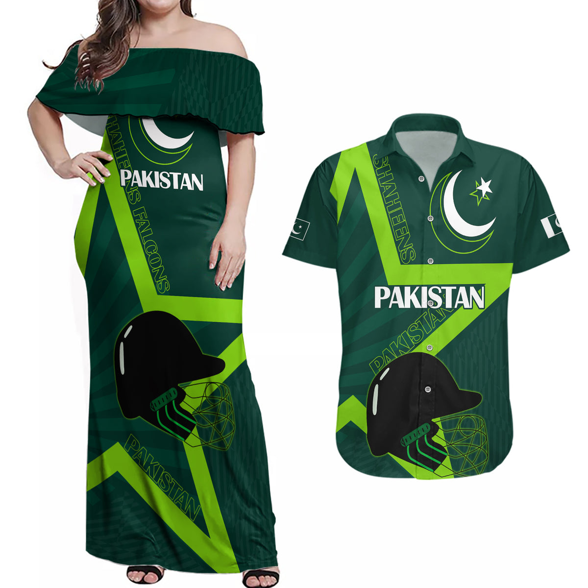 Pakistan Cricket Helmet Couples Matching Off Shoulder Maxi Dress and Hawaiian Shirt Proud Shaheen Falcon Star and Crescent LT9 - Wonder Print Shop
