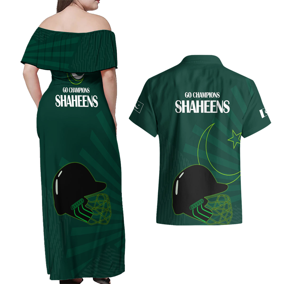 Pakistan Cricket Helmet Couples Matching Off Shoulder Maxi Dress and Hawaiian Shirt Proud Shaheen Falcon Star and Crescent LT9 - Wonder Print Shop