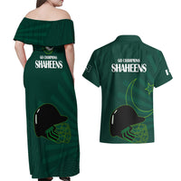 Pakistan Cricket Helmet Couples Matching Off Shoulder Maxi Dress and Hawaiian Shirt Proud Shaheen Falcon Star and Crescent LT9 - Wonder Print Shop